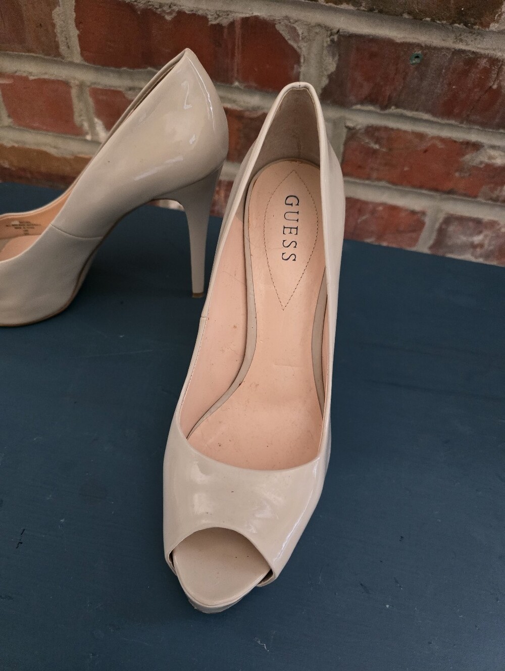 GUESS Patent Peep-Toe High Heels in Nude